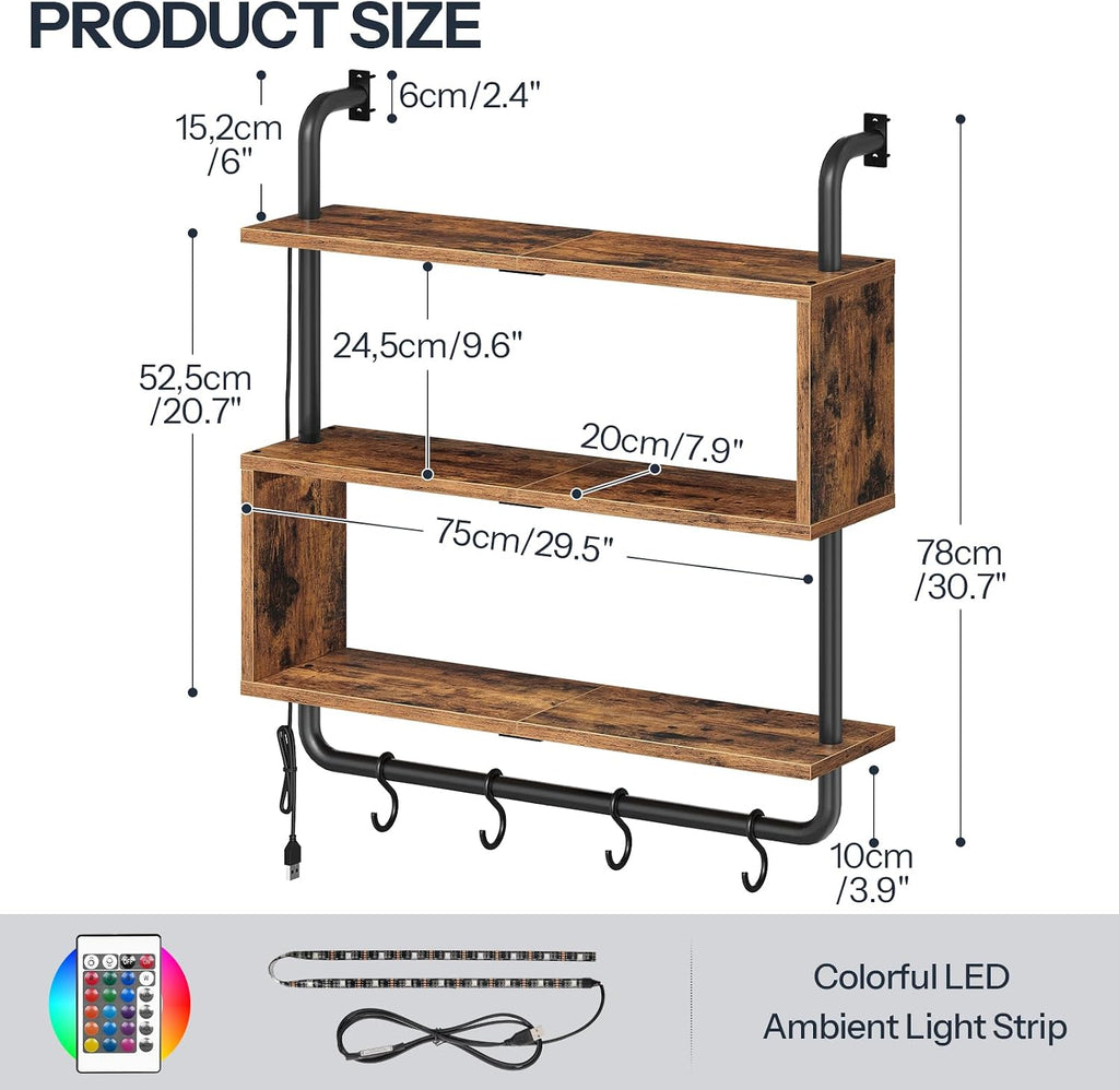 LED Pipe 3-Tier Floating Wall Shelves