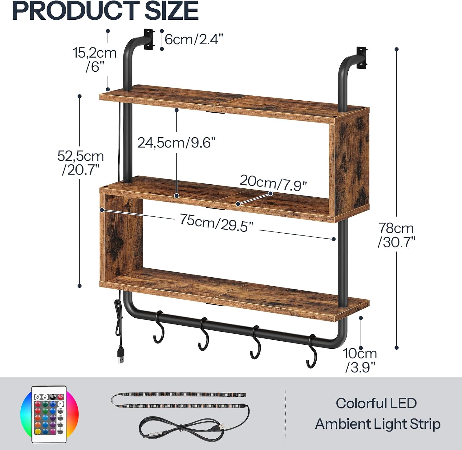 LED Pipe 3-Tier Floating Wall Shelves