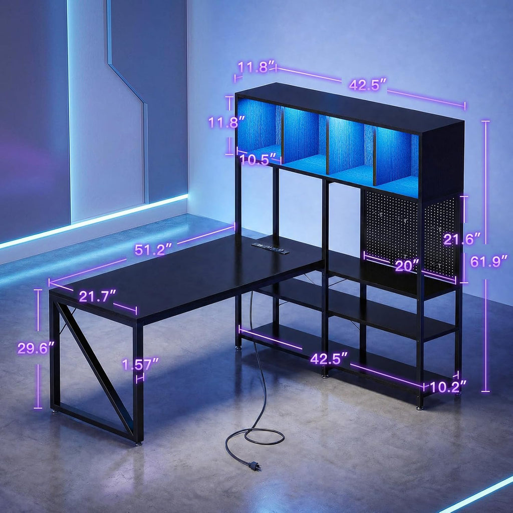 LED L-Shaped Gaming Desk Hutch Set