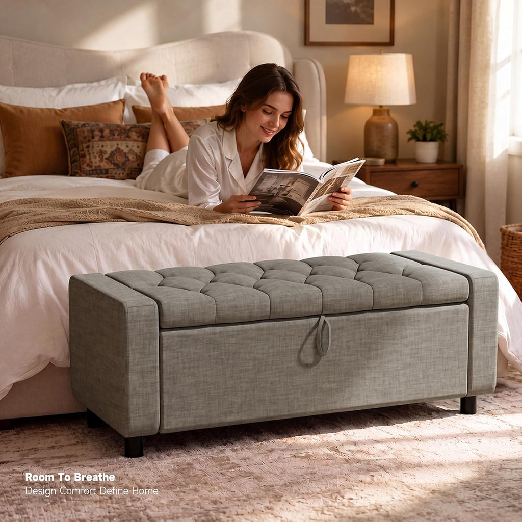 Linen Tufted Storage Ottoman Bench