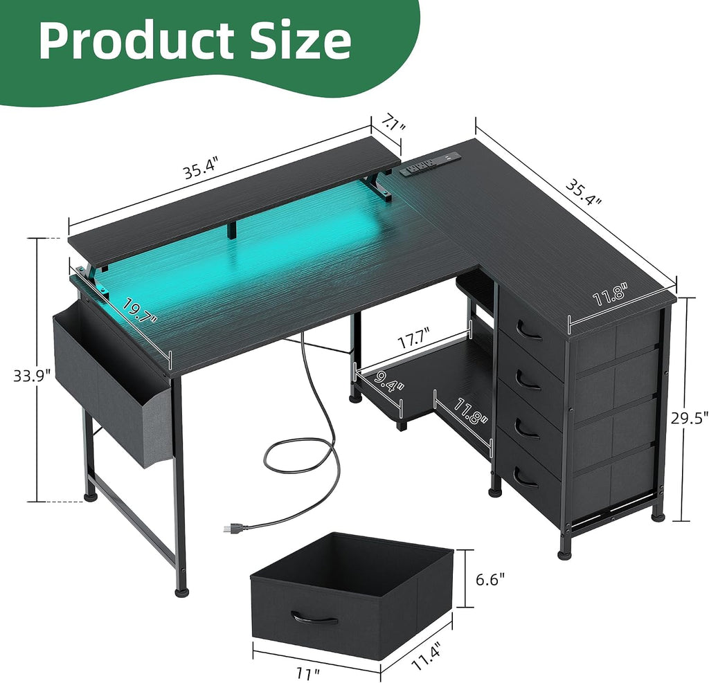 LED L-Shaped Desk Drawers Power Station
