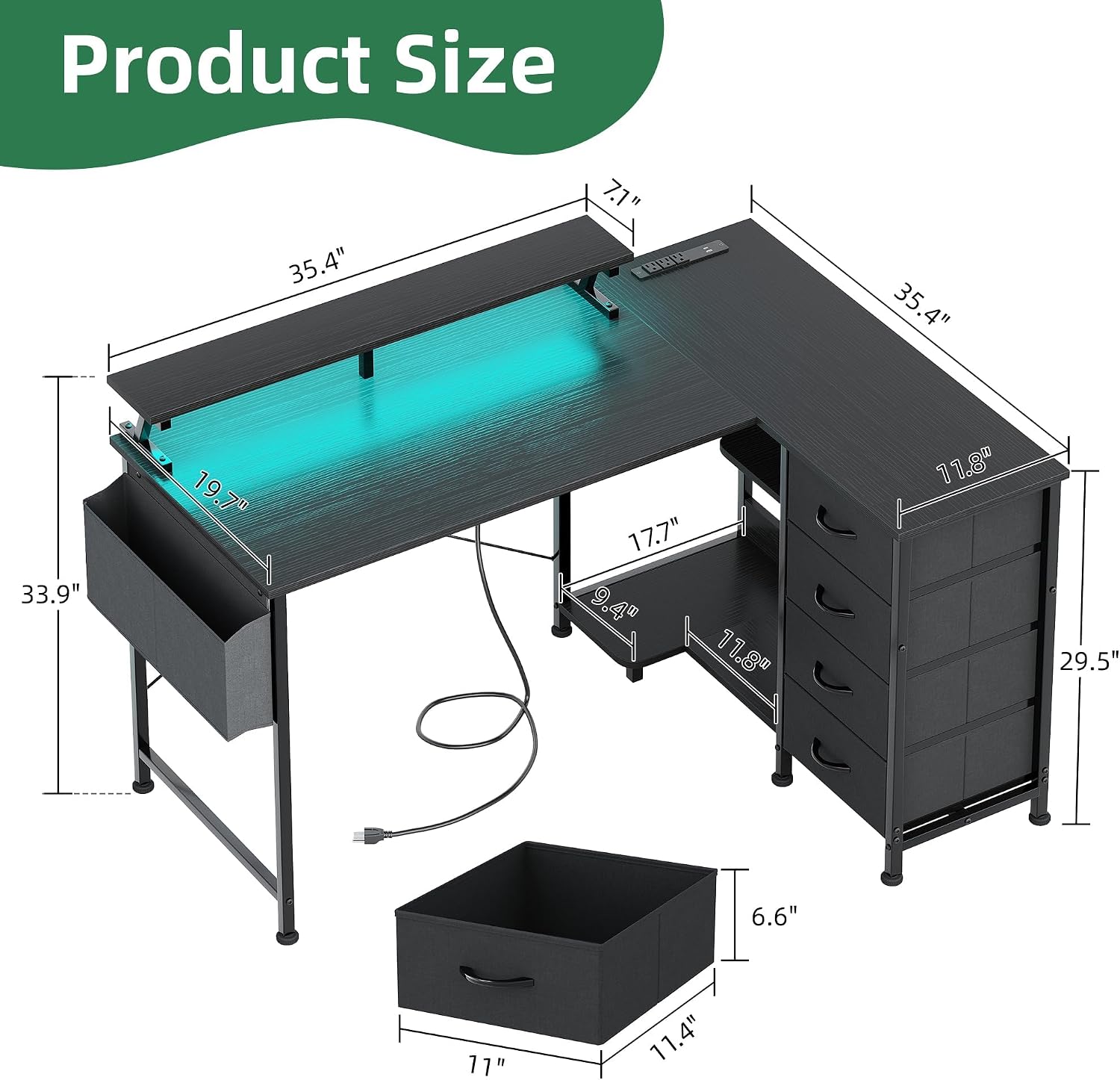 LED L-Shaped Desk Drawers Power Station