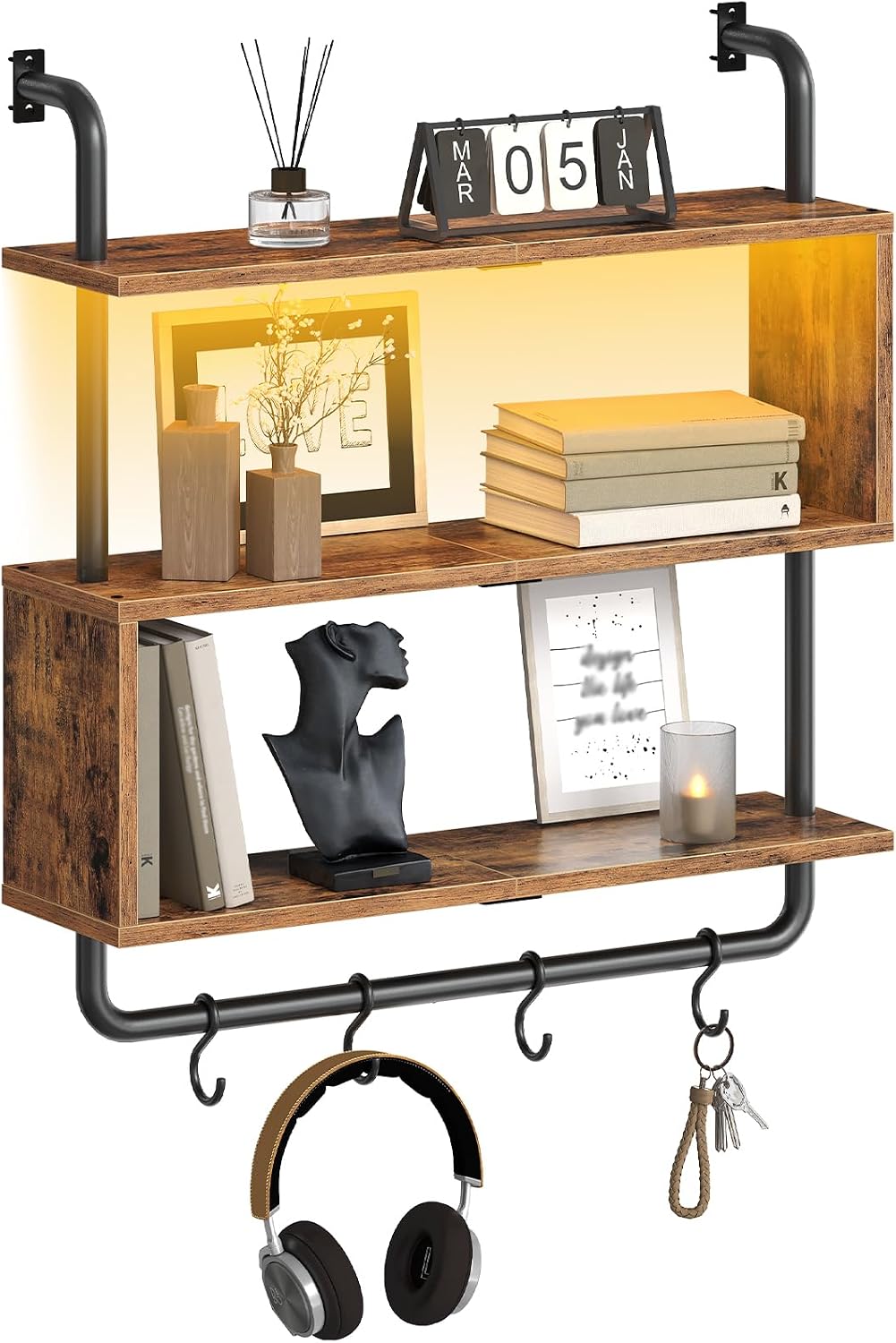 LED Pipe 3-Tier Floating Wall Shelves