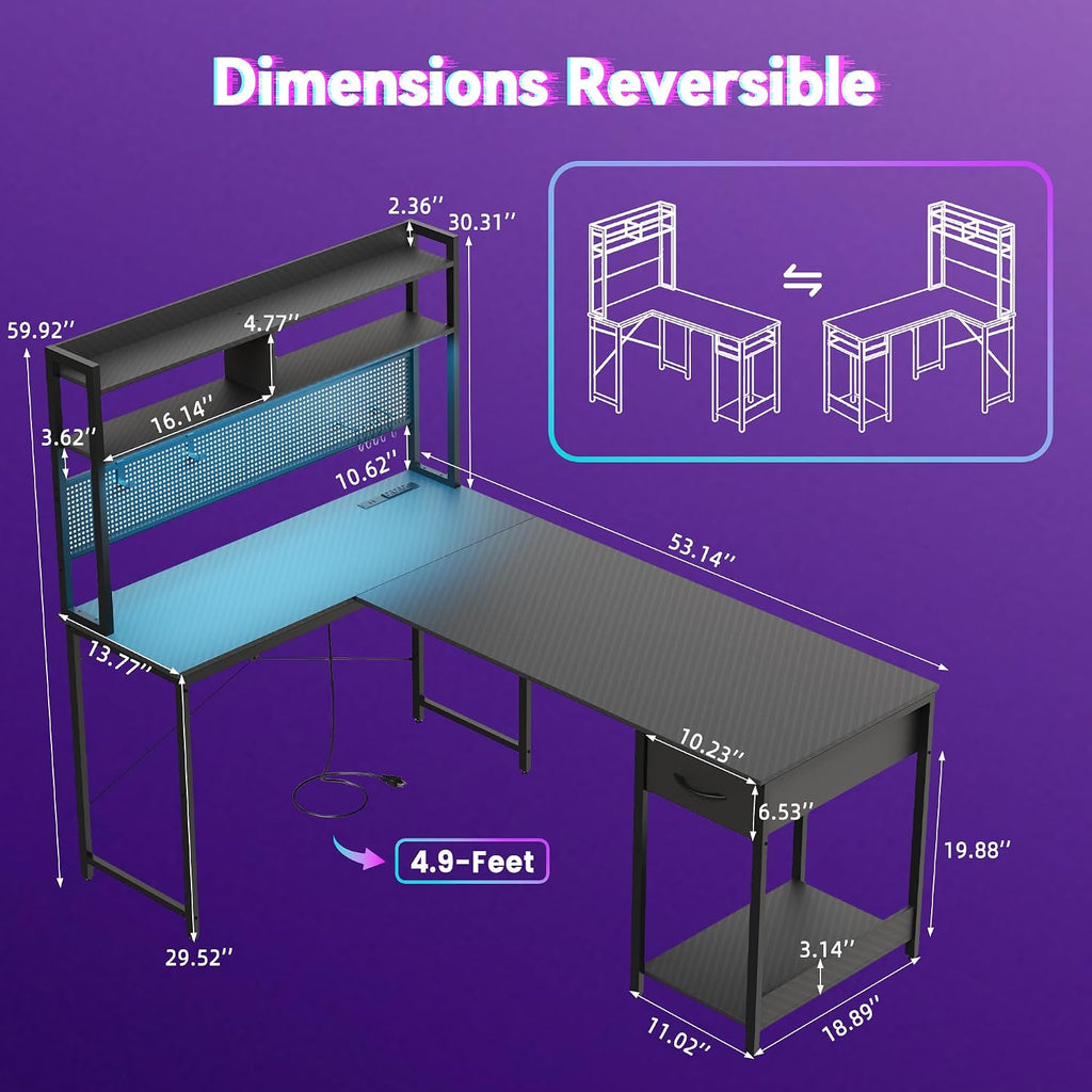 LED L-Shaped Gaming Desk with Hutch