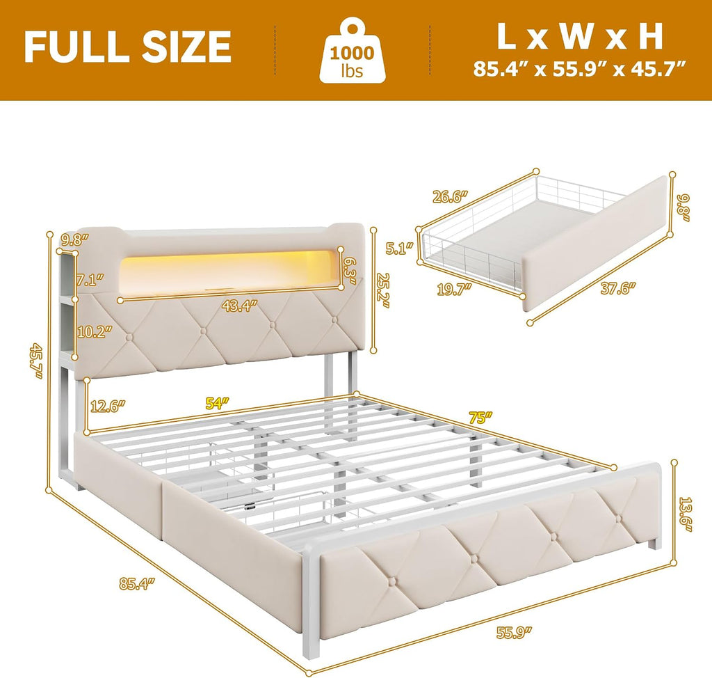 LED Velvet Storage Upholstered Bed