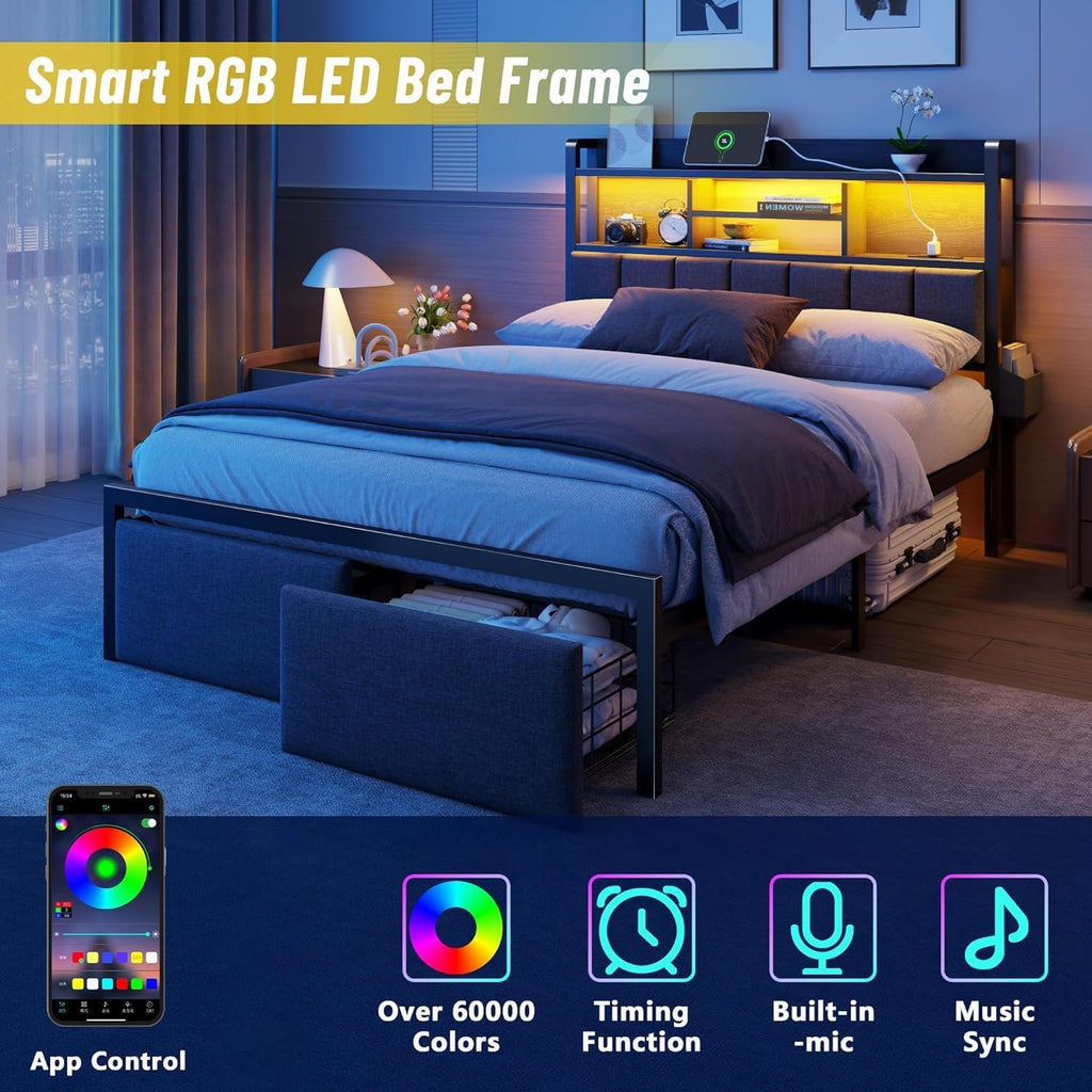 LED Storage Upholstered Full Bed Frame