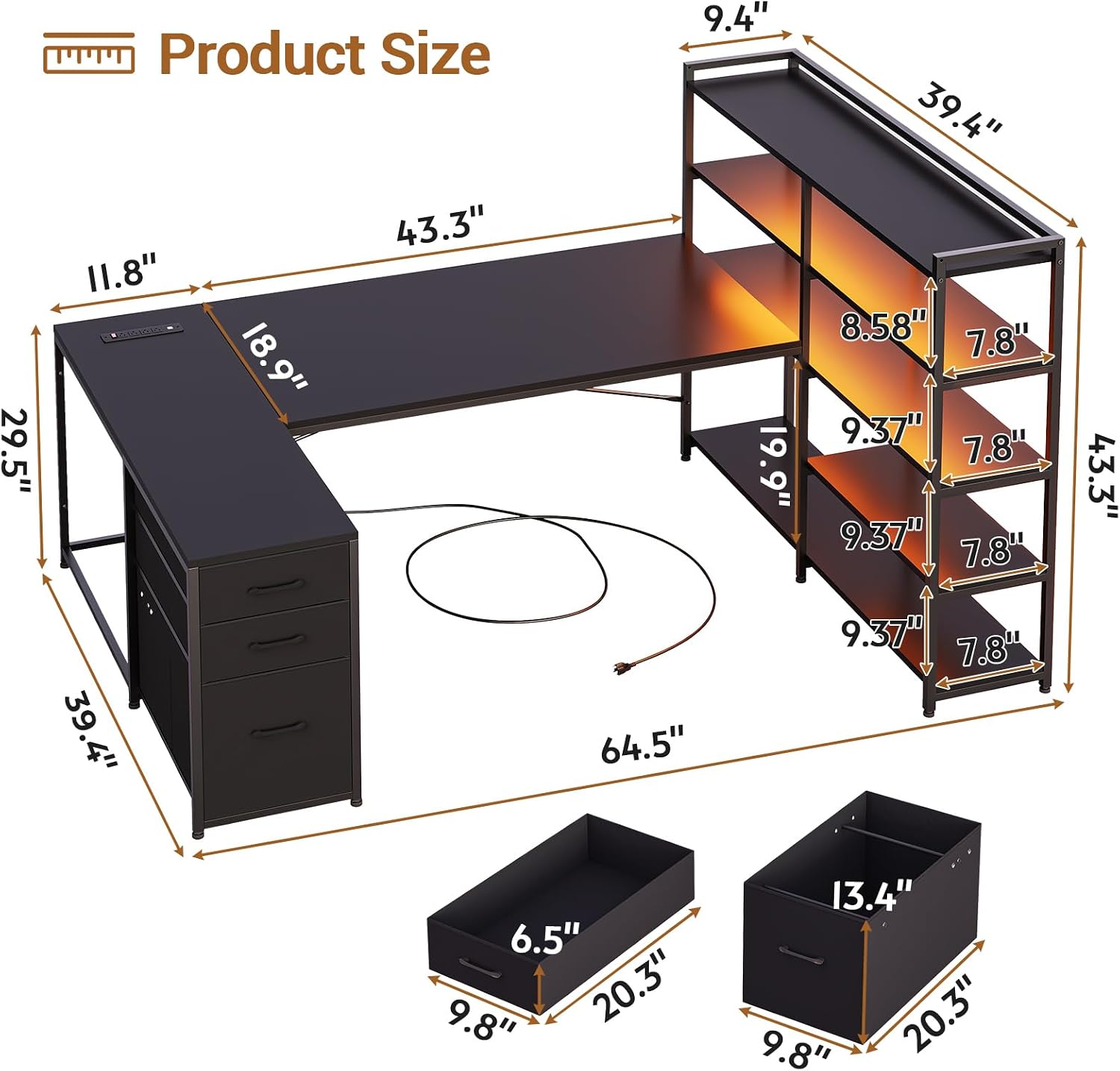 LED Reversible L-Shaped Gaming Desk
