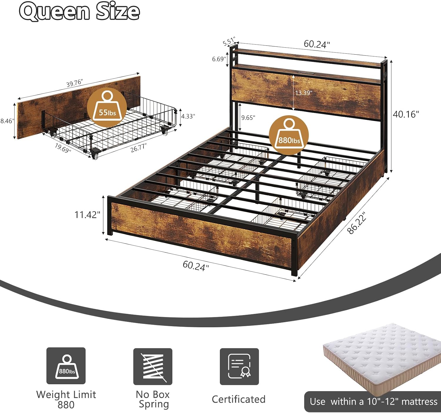 RGB Storage Queen Metal Platform Bed