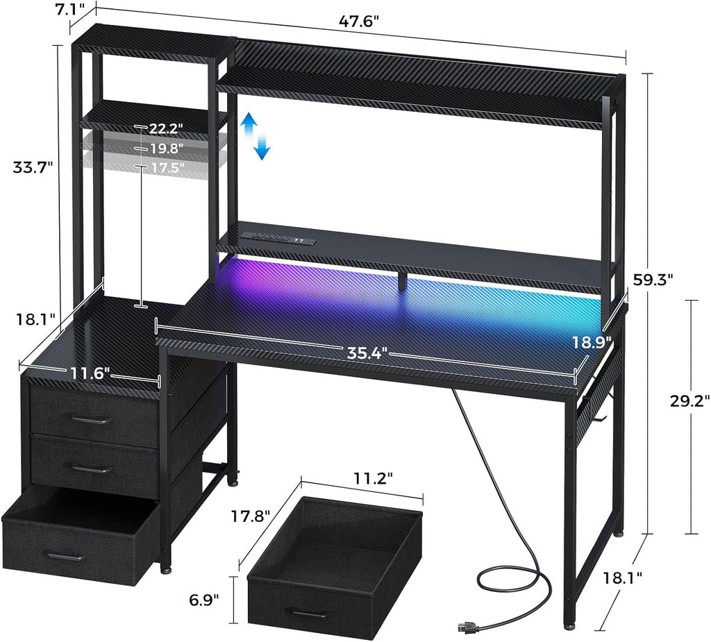 LED Gaming Desk Hutch Drawer Storage