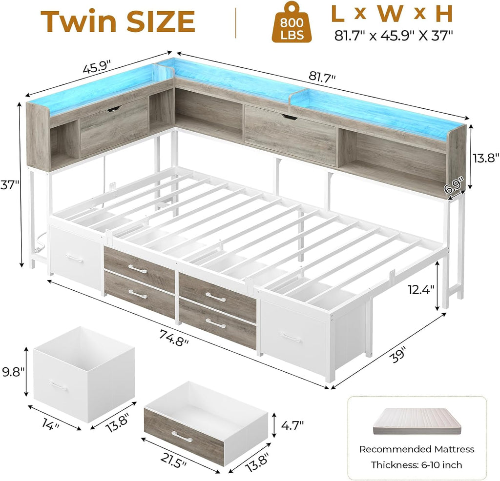 LED Twin Storage Corner Daybed Frame