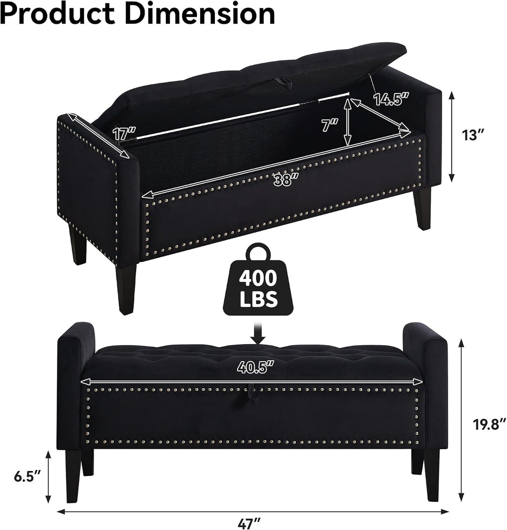 Velvet Wood Leg Storage Ottoman Bench