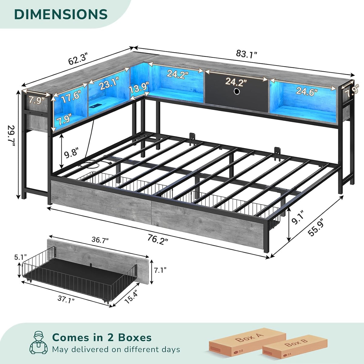 LED Full Storage Corner Daybed Frame
