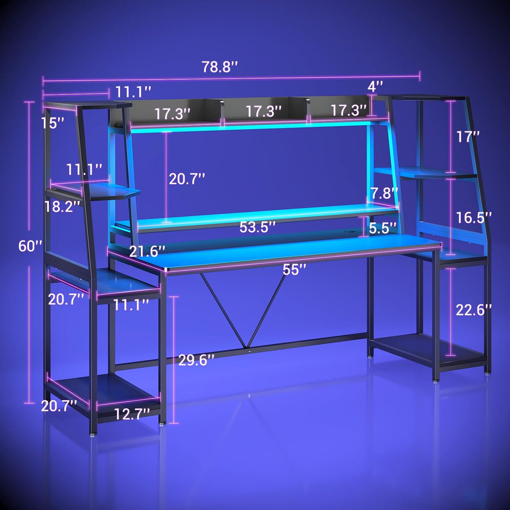 LED Large Gaming Desk With Hutch Storage
