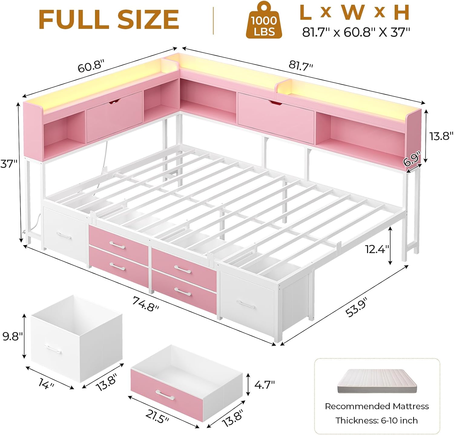 LED Full Storage Corner Daybed Frame