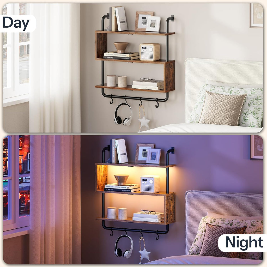 LED Pipe 3-Tier Floating Wall Shelves