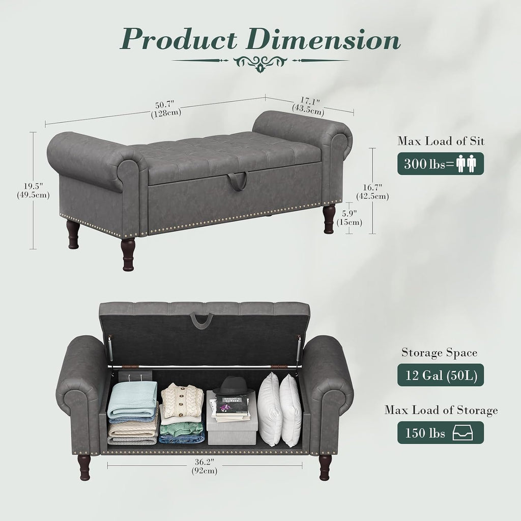 Faux Leather Armed Tufted Storage Bench