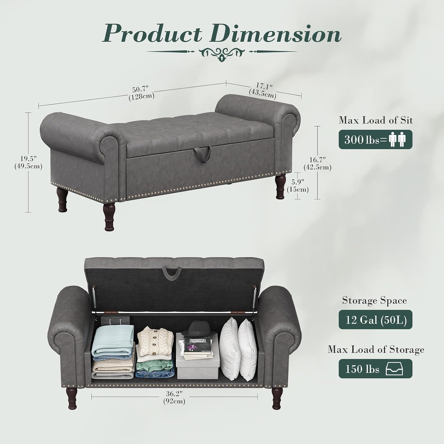 Faux Leather Armed Tufted Storage Bench