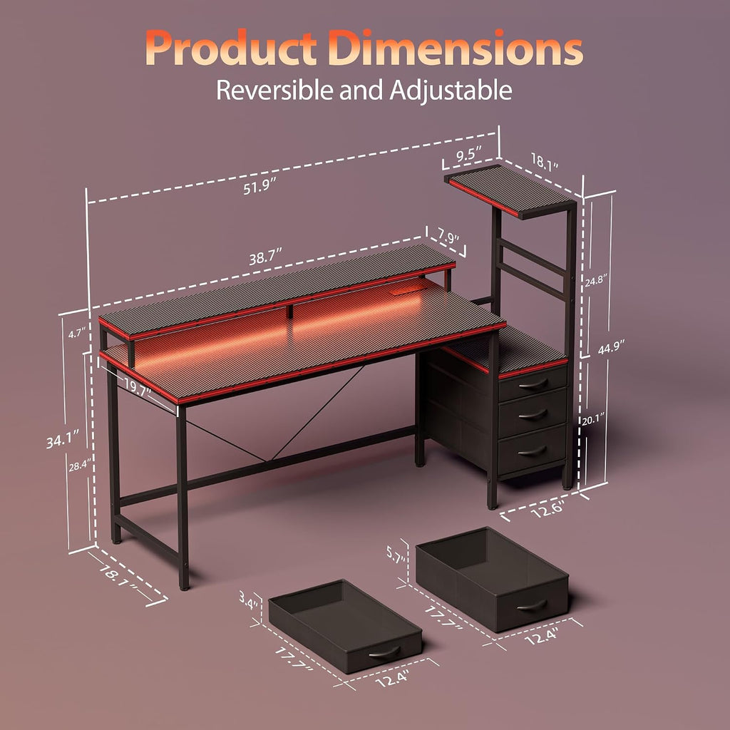 LED Reversible Gaming Desk with Drawers