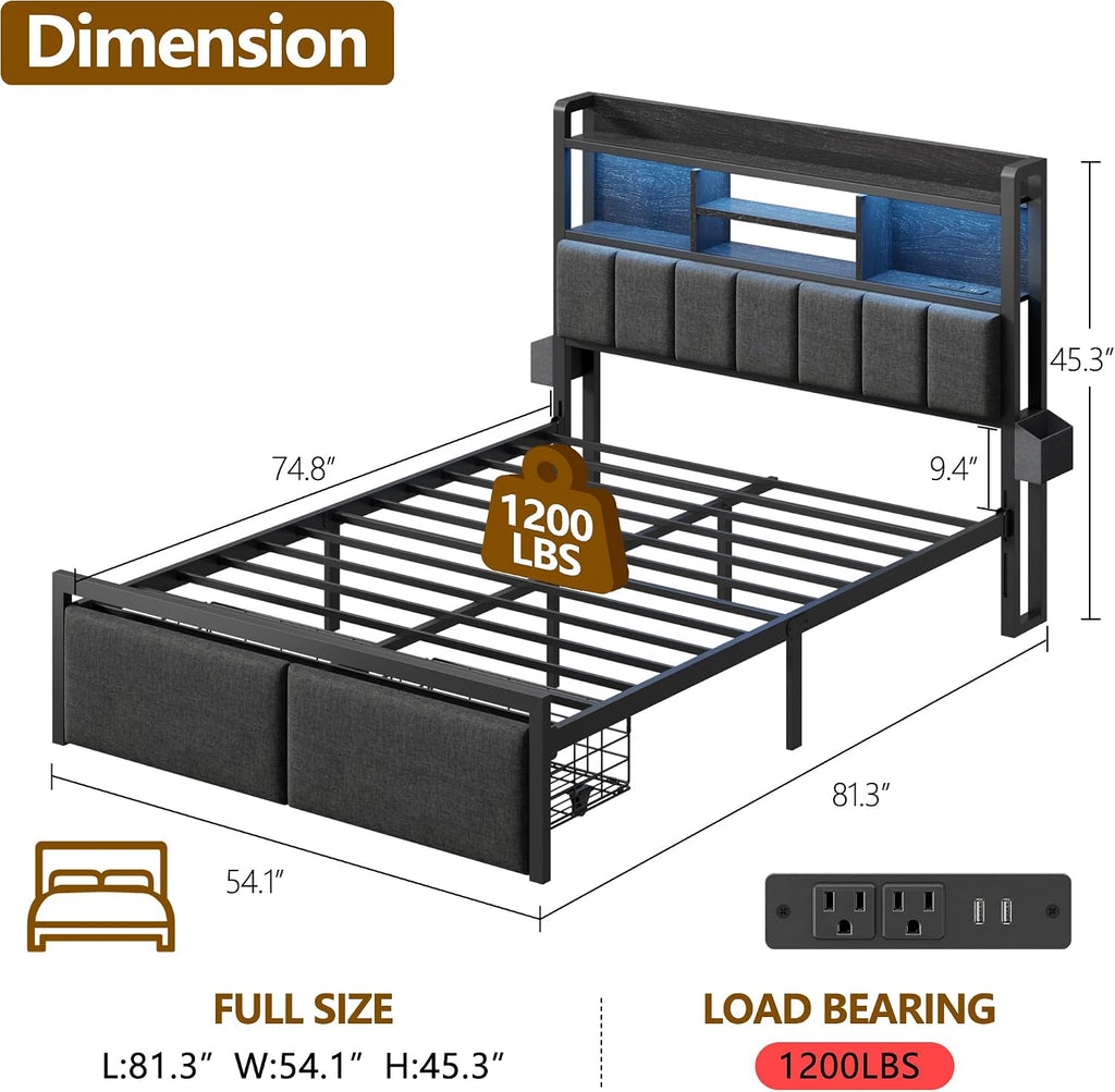 LED Storage Upholstered Full Bed Frame