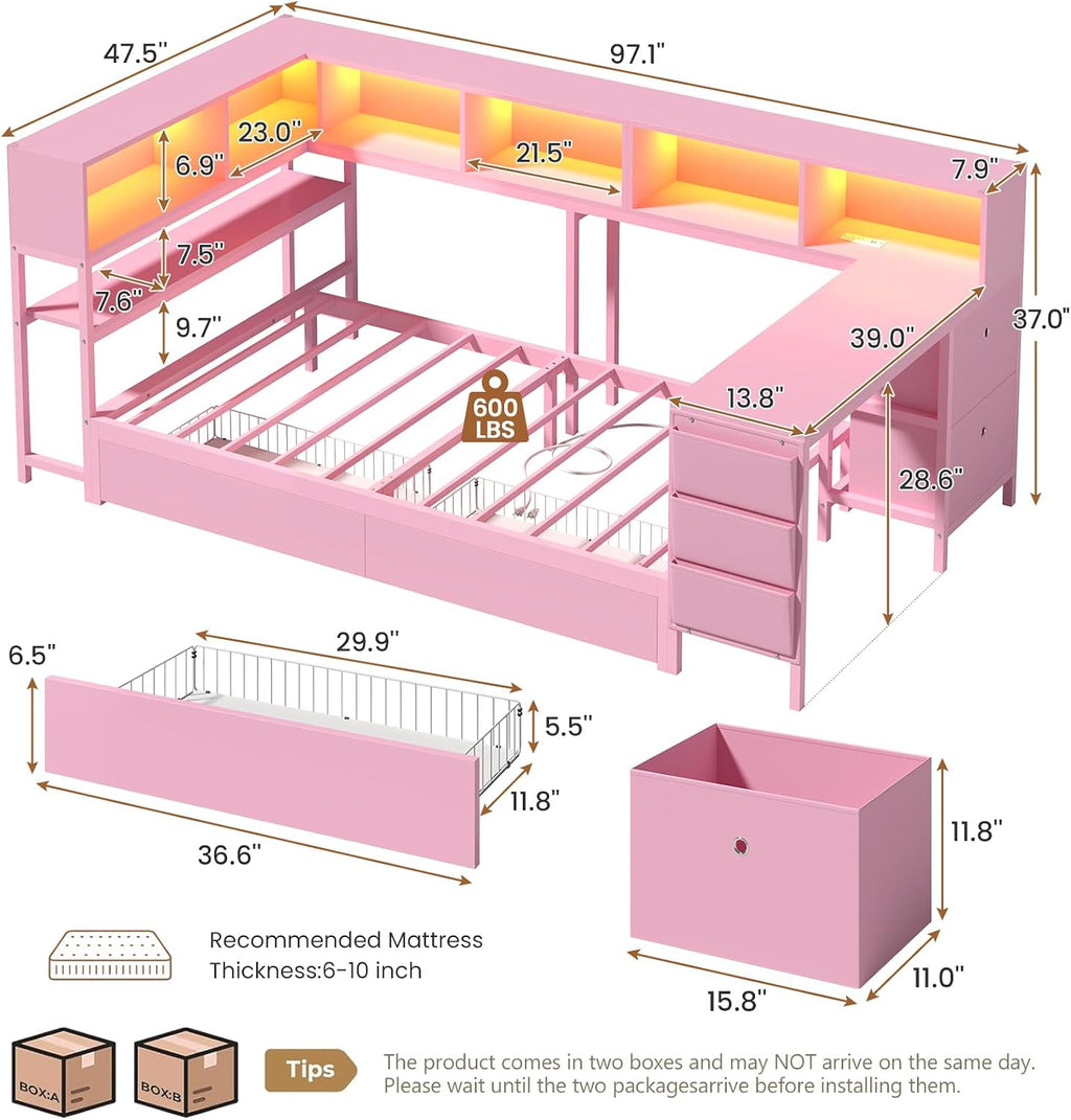 LED Twin Storage Daybed With Desk