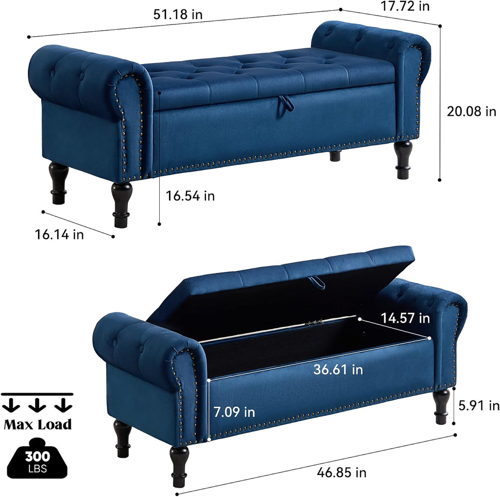 Velvet Tufted Arm Storage Ottoman Bench