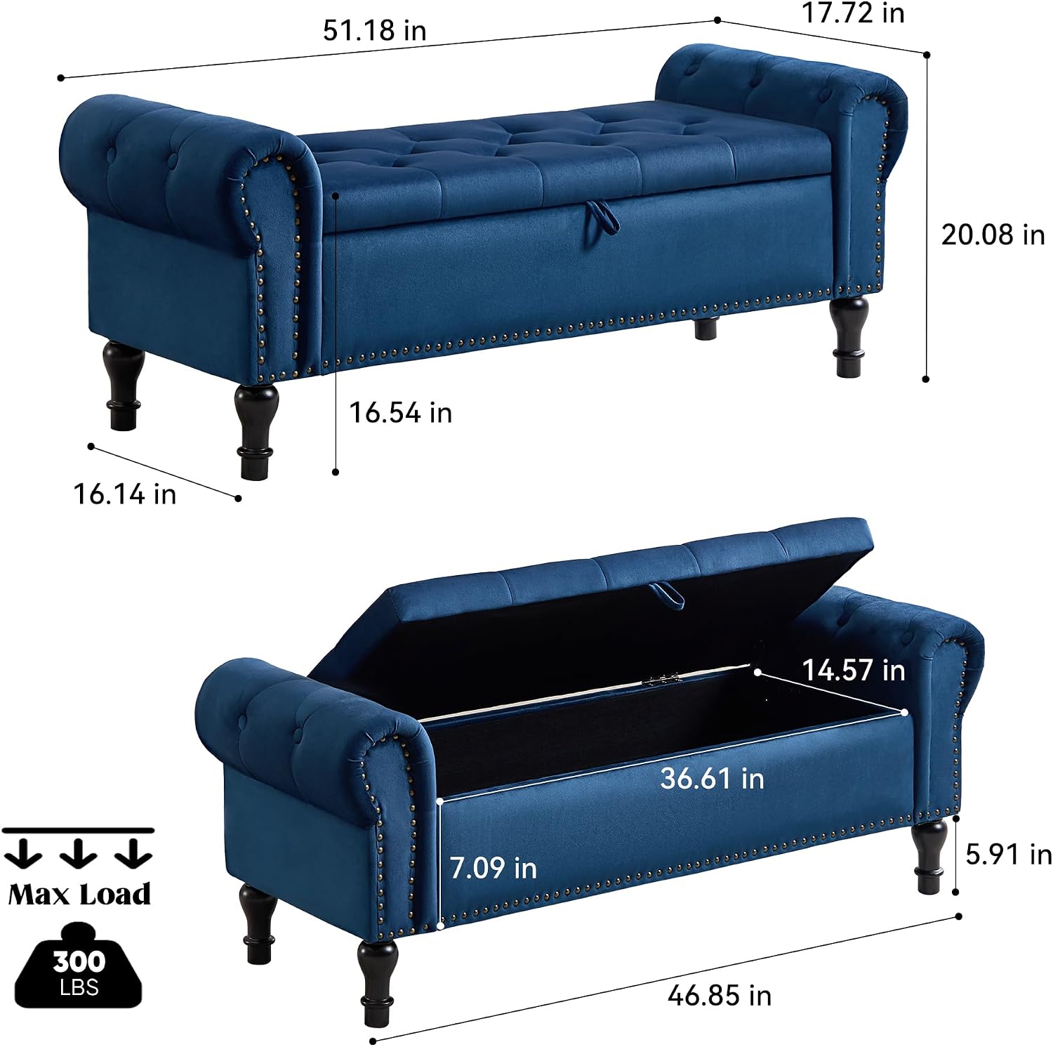 Velvet Tufted Arm Storage Ottoman Bench