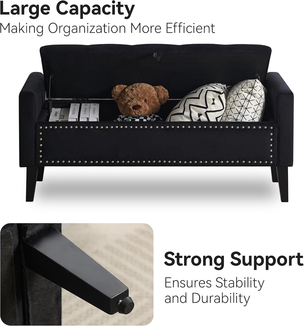 Velvet Wood Leg Storage Ottoman Bench