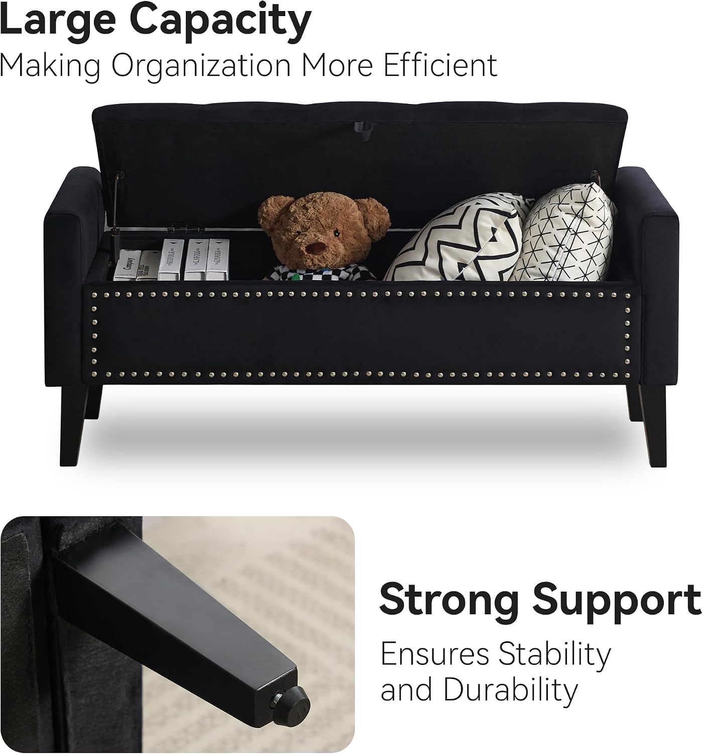 Velvet Wood Leg Storage Ottoman Bench