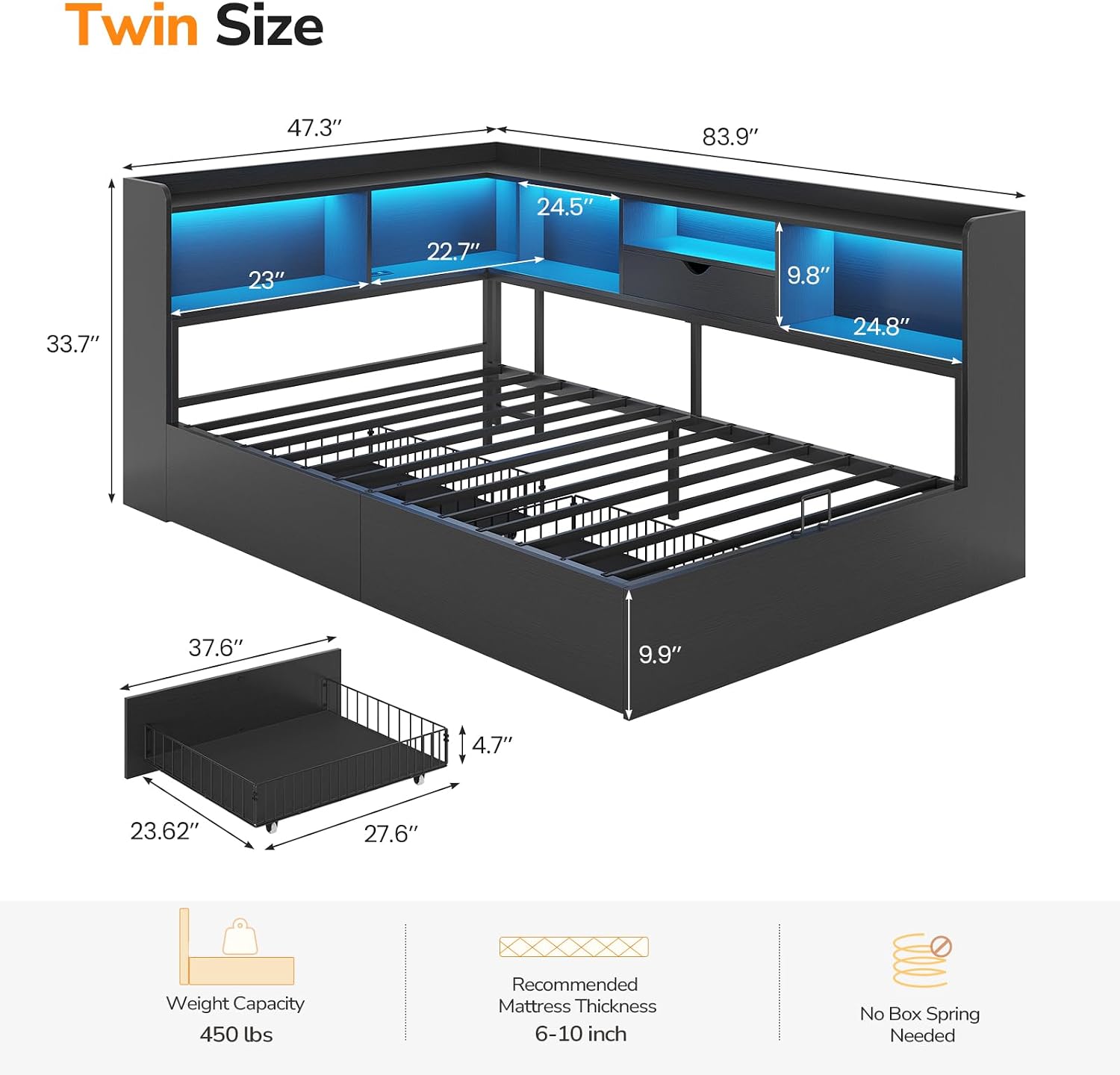 LED Twin Wood Storage Corner Daybed