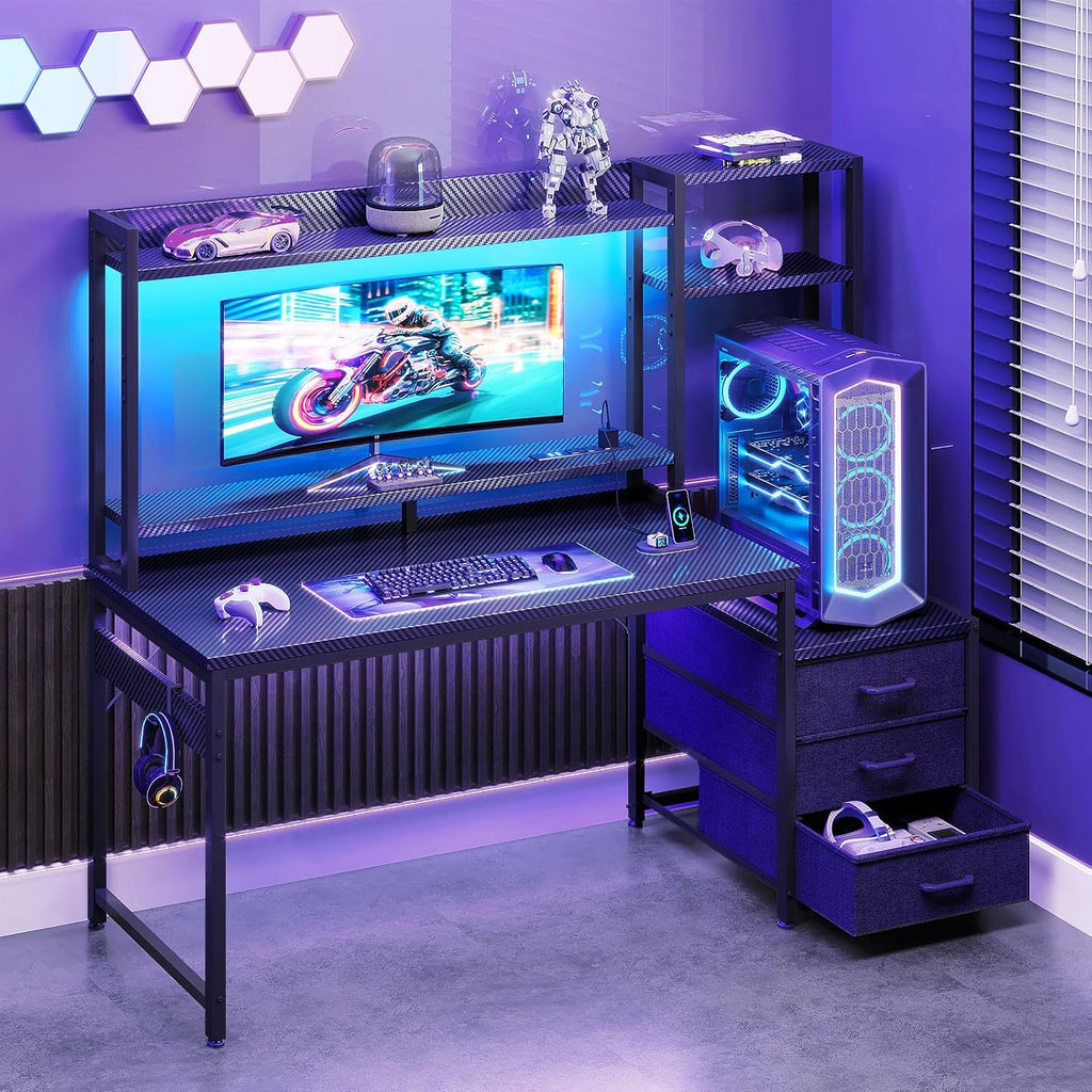 LED Gaming Desk Hutch Drawer Storage