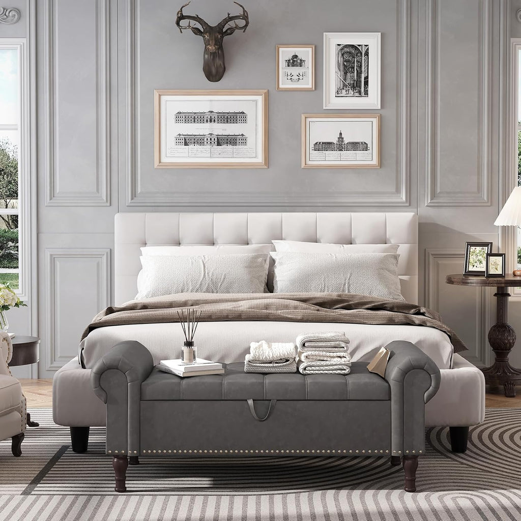 Faux Leather Armed Tufted Storage Bench