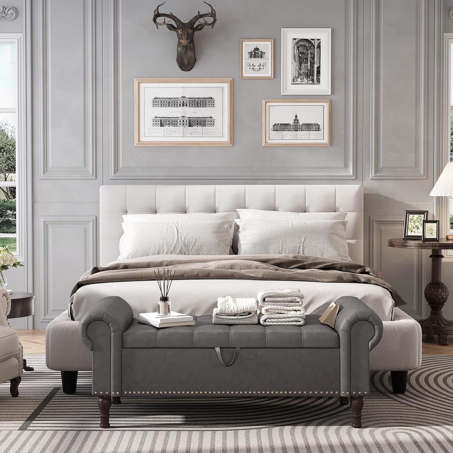 Faux Leather Armed Tufted Storage Bench
