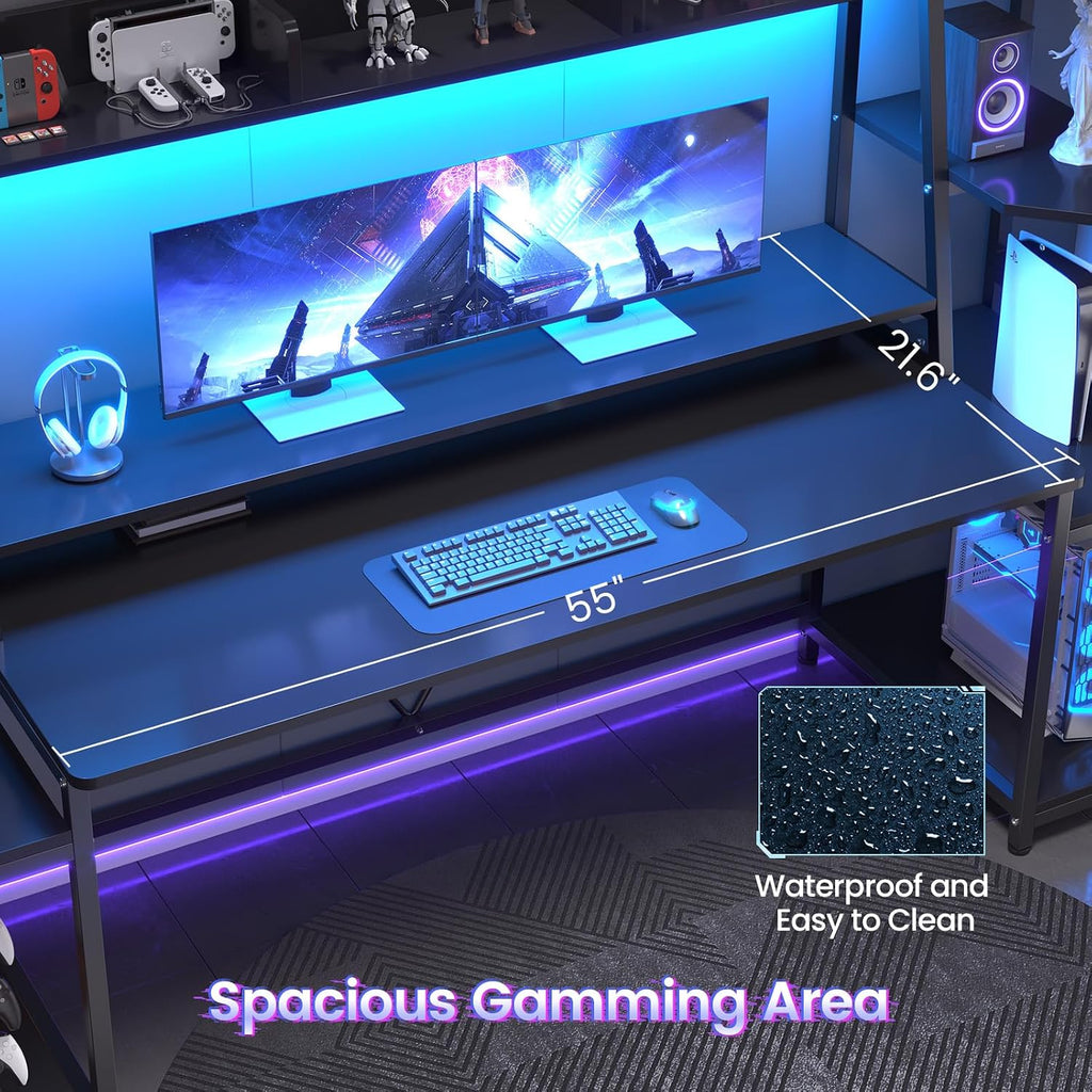 LED Large Gaming Desk With Hutch Storage