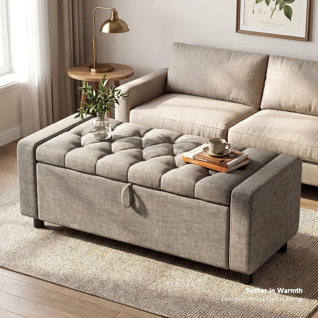 Linen Tufted Storage Ottoman Bench