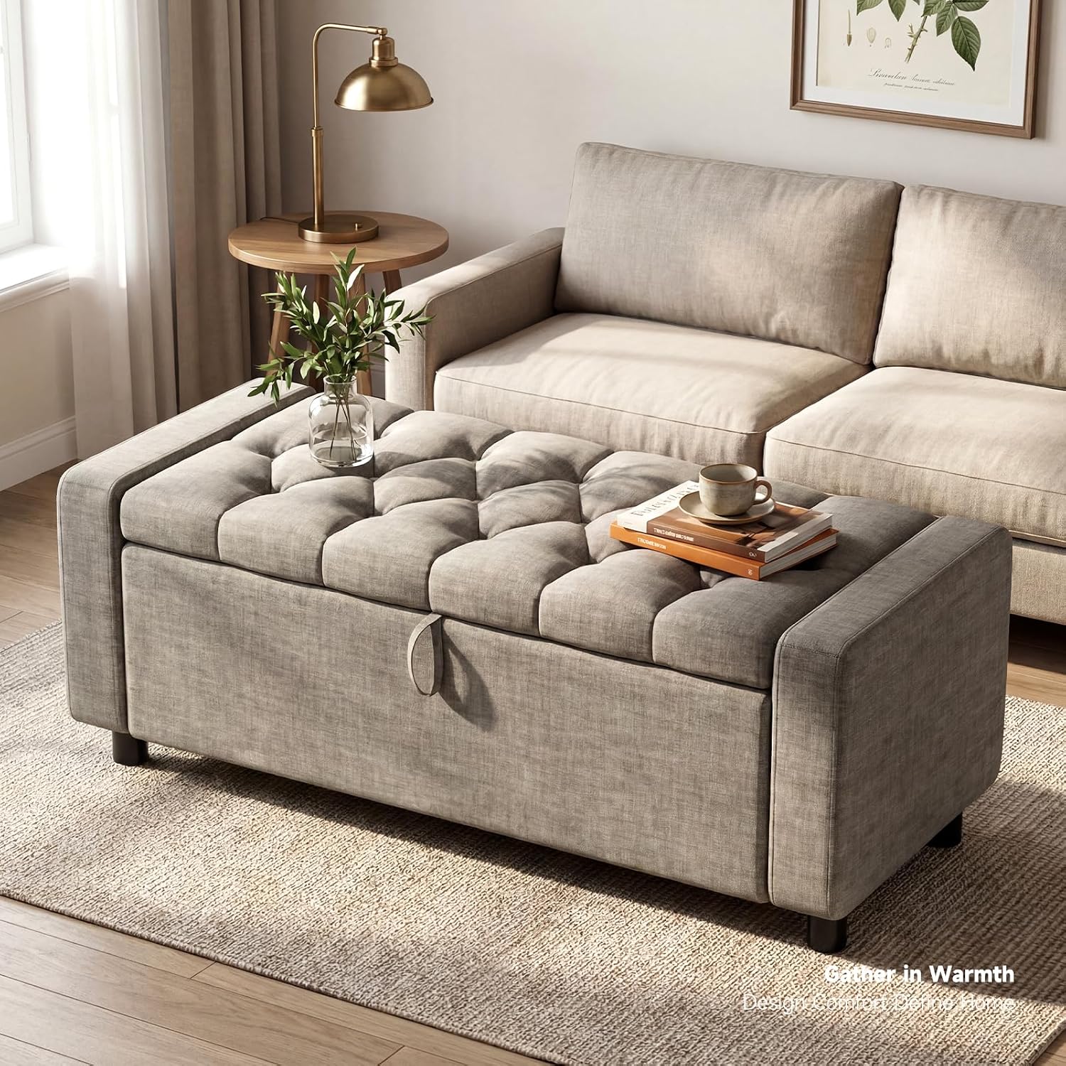 Linen Tufted Storage Ottoman Bench