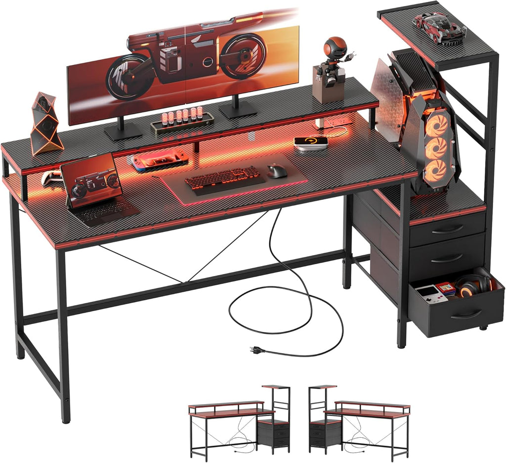LED Reversible Gaming Desk with Drawers