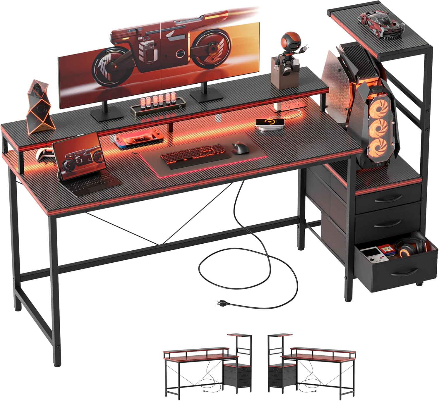 LED Reversible Gaming Desk with Drawers