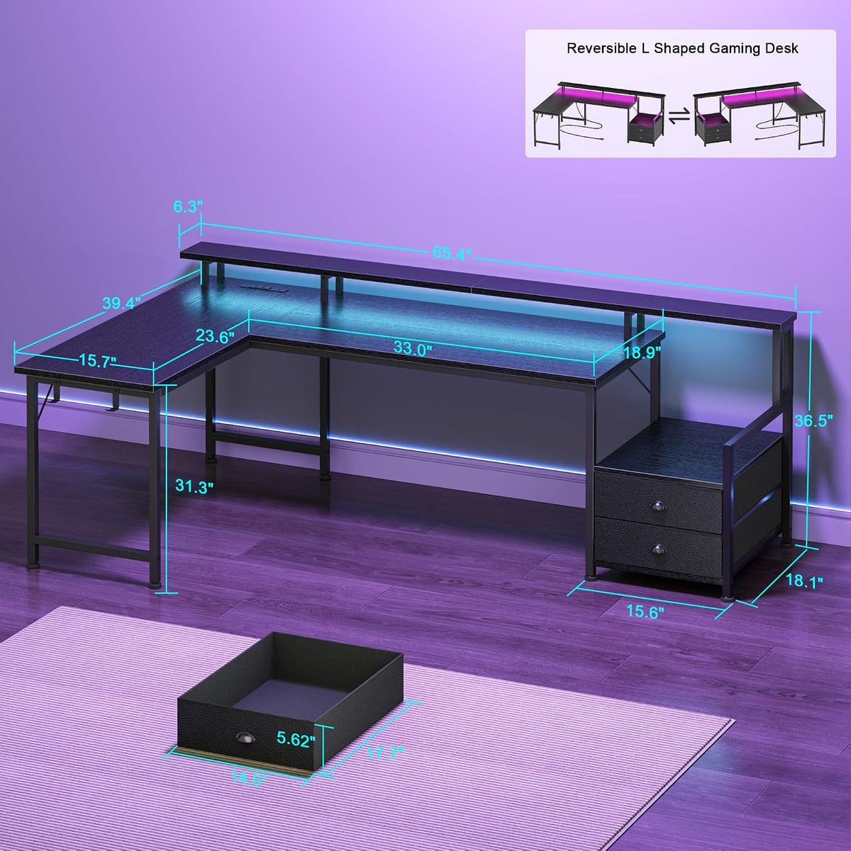 LED Reversible L-Shaped Gaming Desk