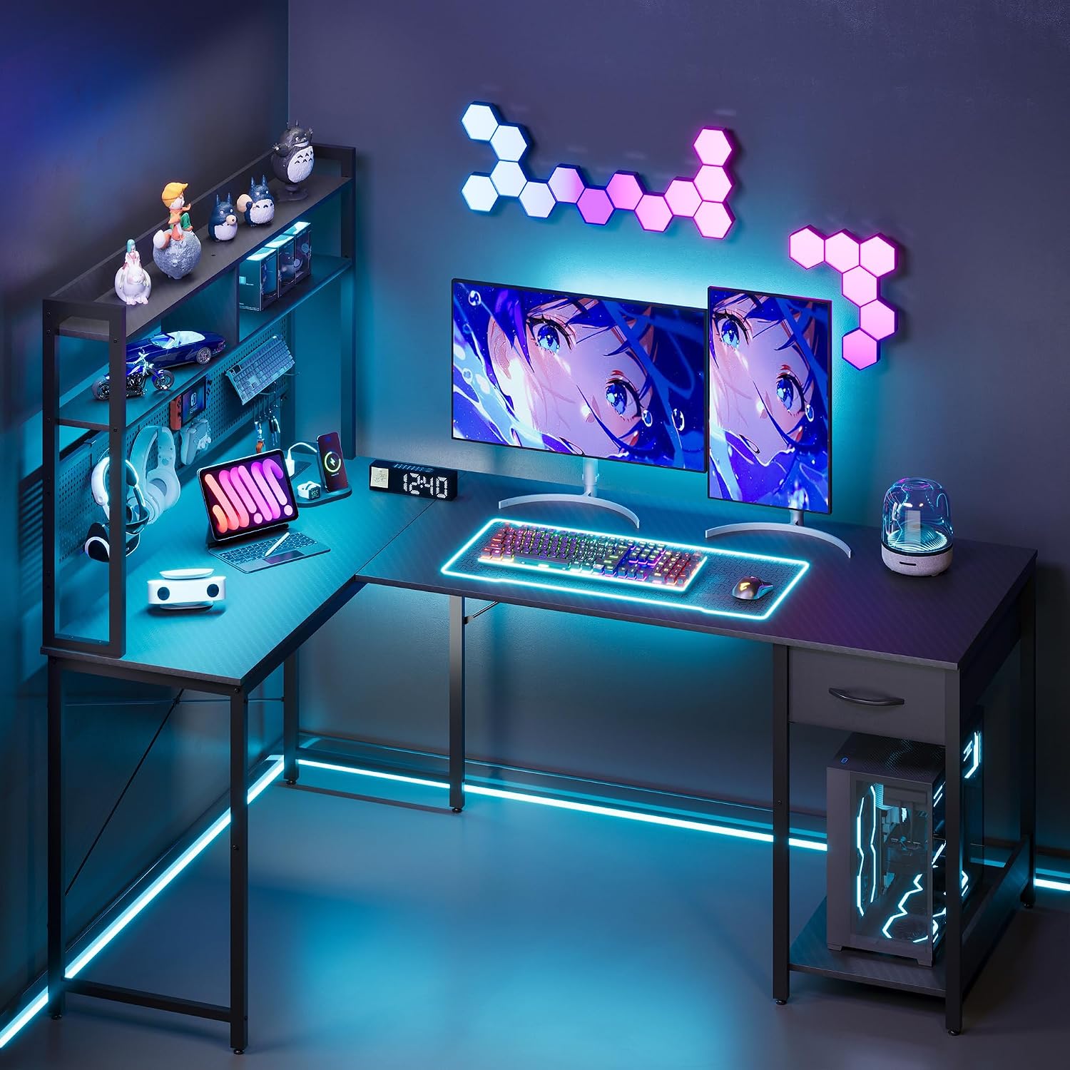 LED L-Shaped Gaming Desk with Hutch