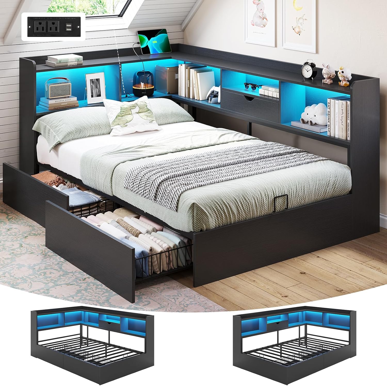 LED Twin Wood Storage Corner Daybed