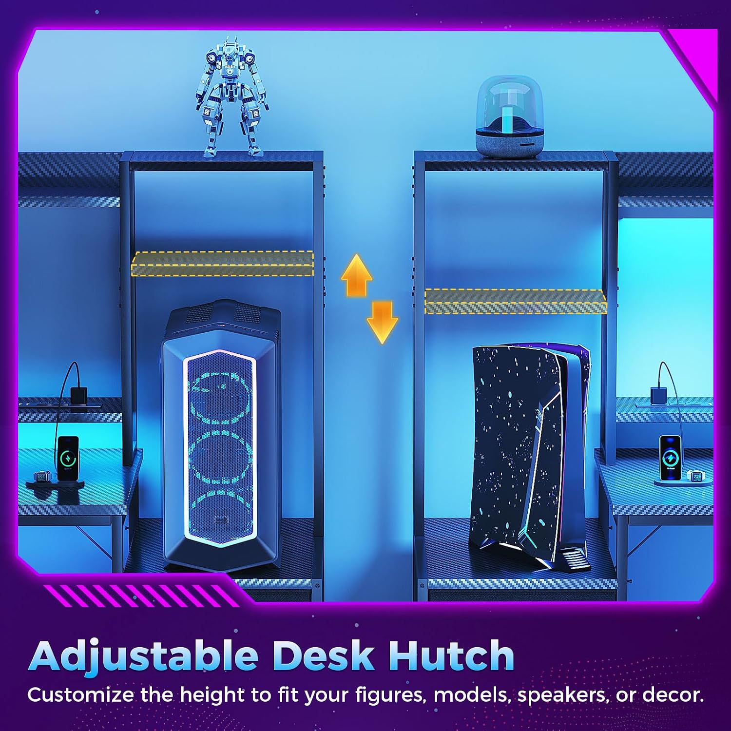 LED Gaming Desk Hutch Drawer Storage