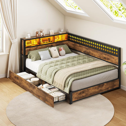 LED Full Wood Corner Storage Daybed