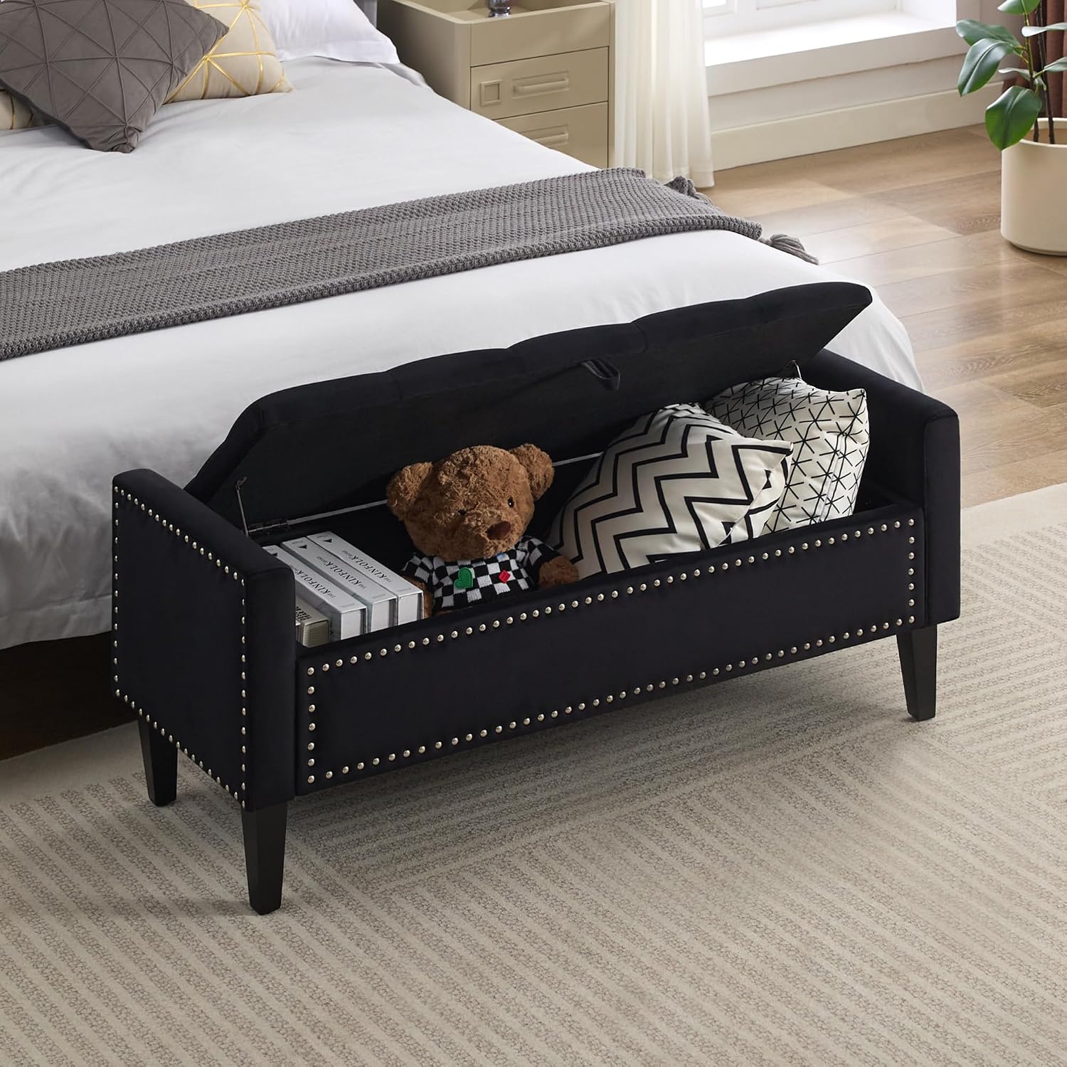 Velvet Wood Leg Storage Ottoman Bench