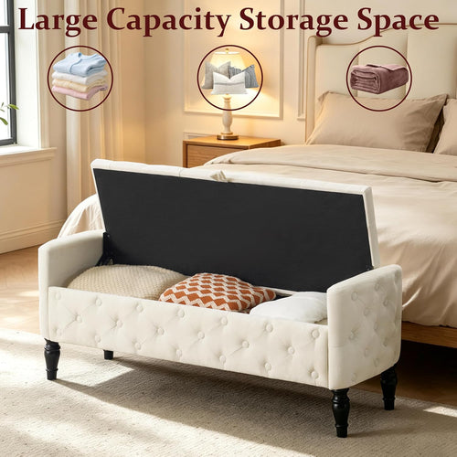 Armed Linen Tufted Storage Ottoman Bench