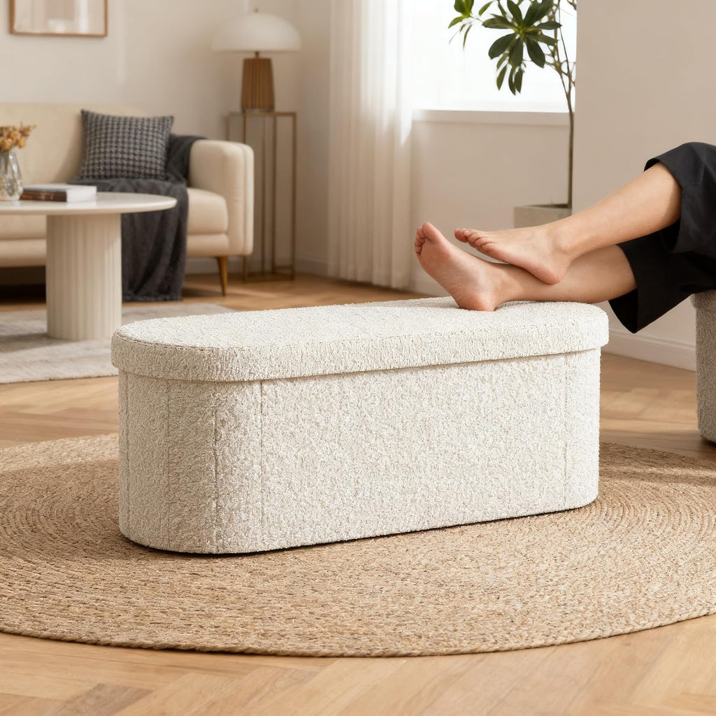 Oval Sherpa Folding Storage Ottoman Bench
