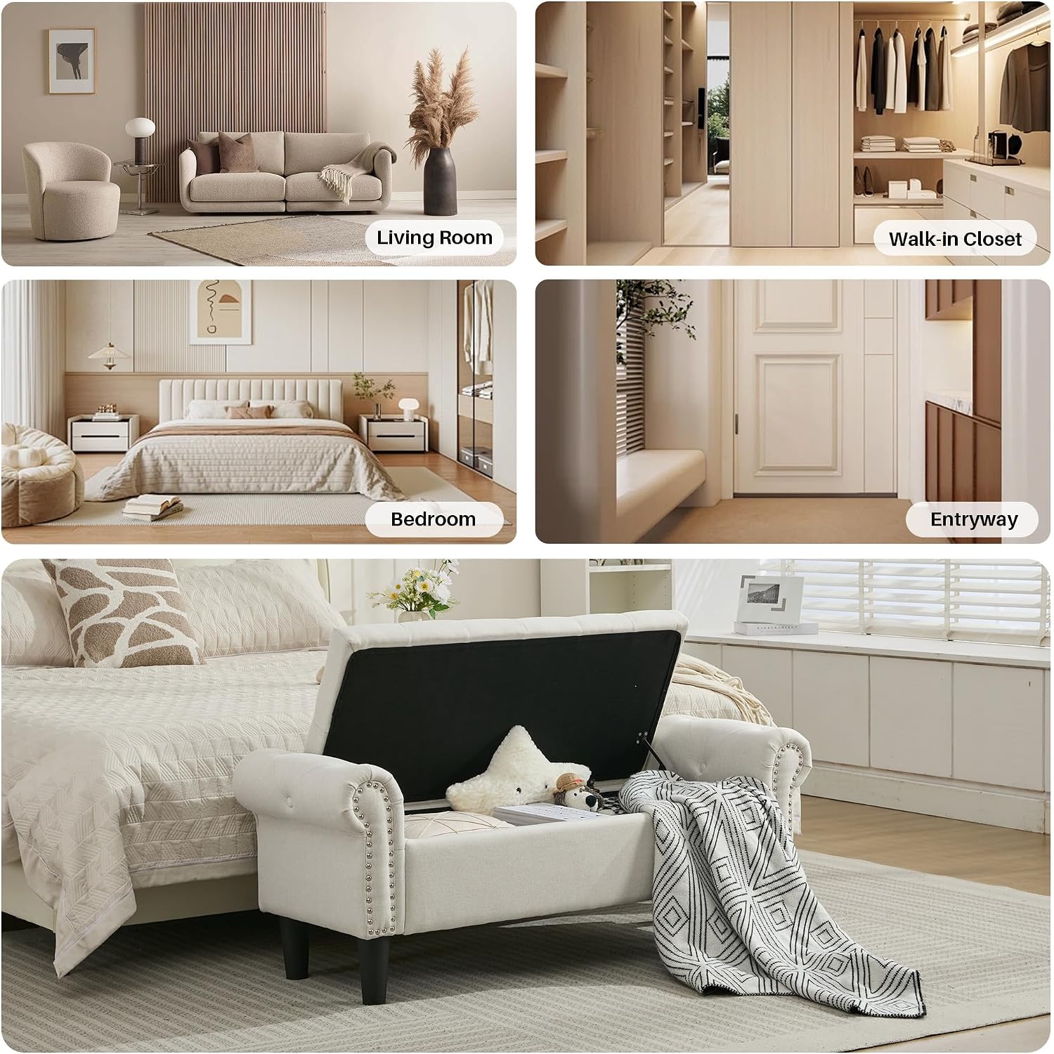 Linen Tufted Arm Storage Ottoman Bench