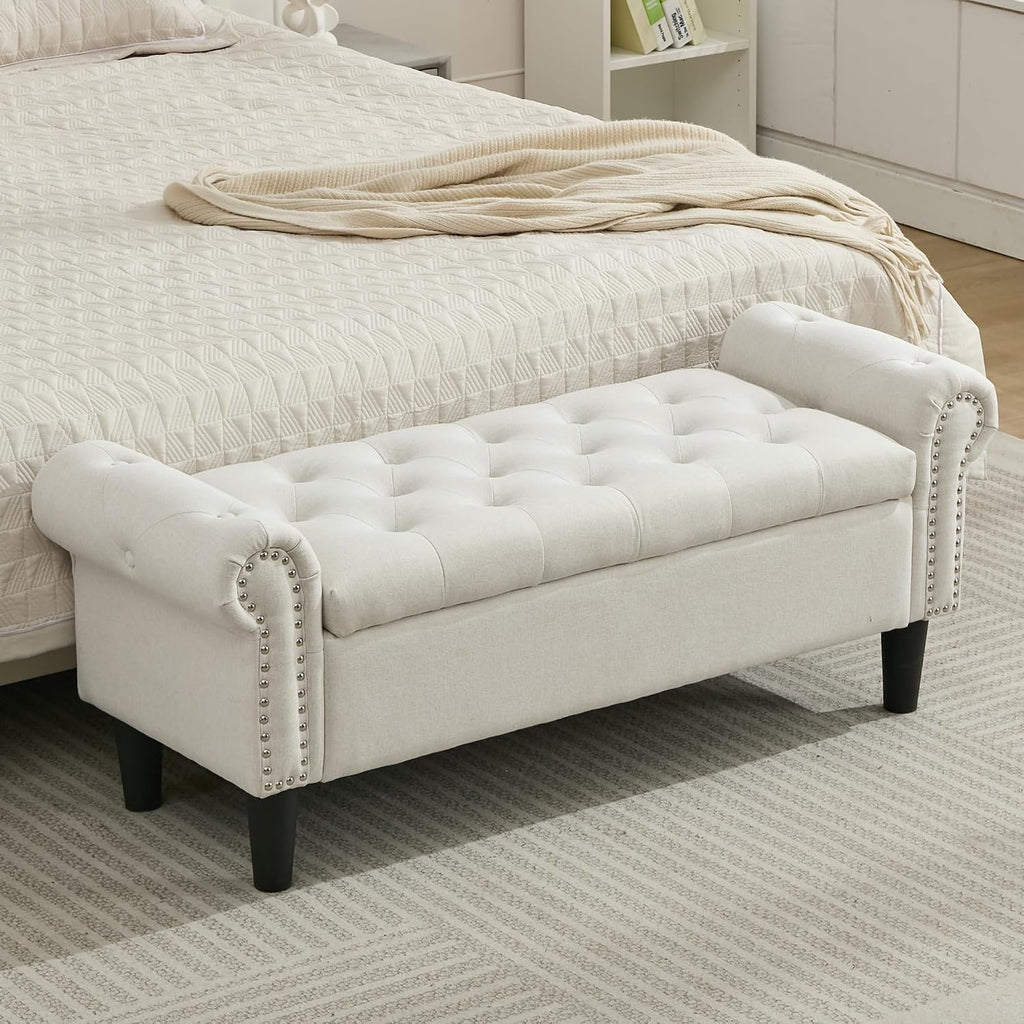 Linen Tufted Arm Storage Ottoman Bench