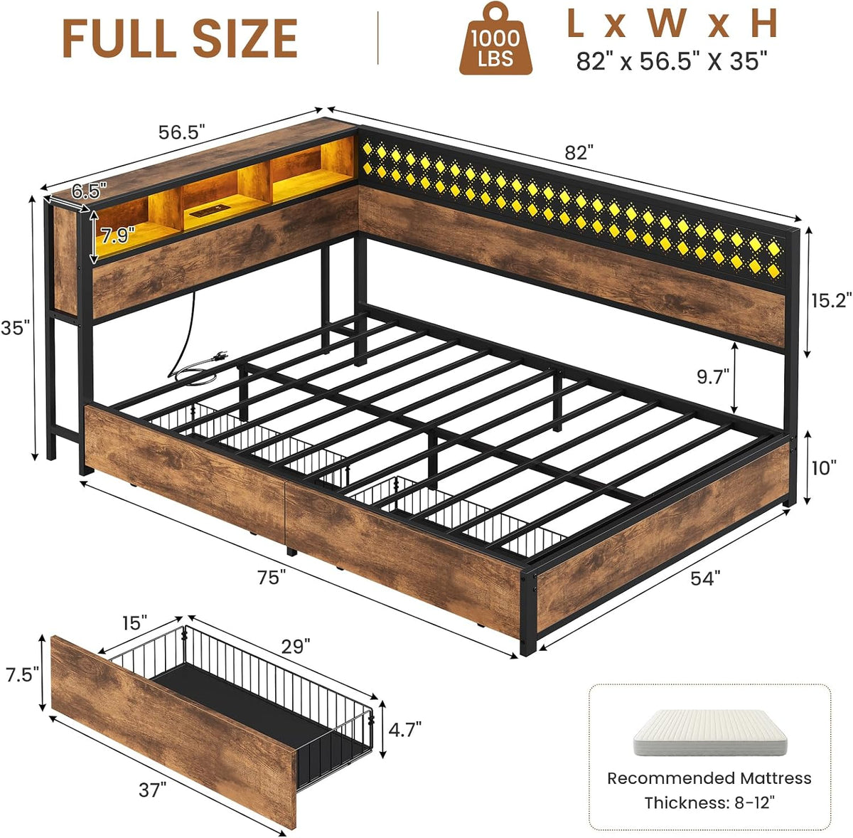 LED Full Wood Corner Storage Daybed
