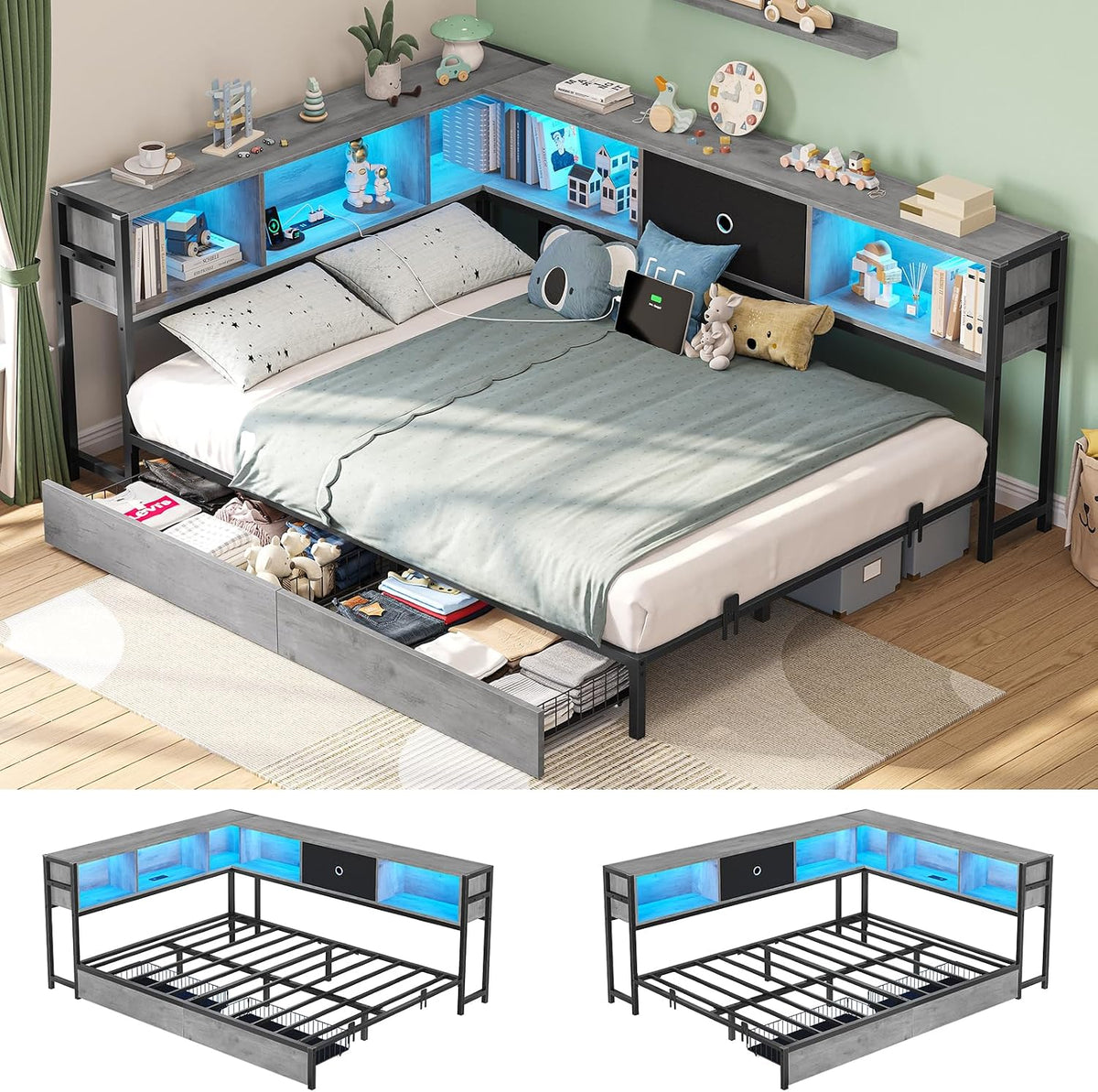 LED Full Storage Corner Daybed Frame