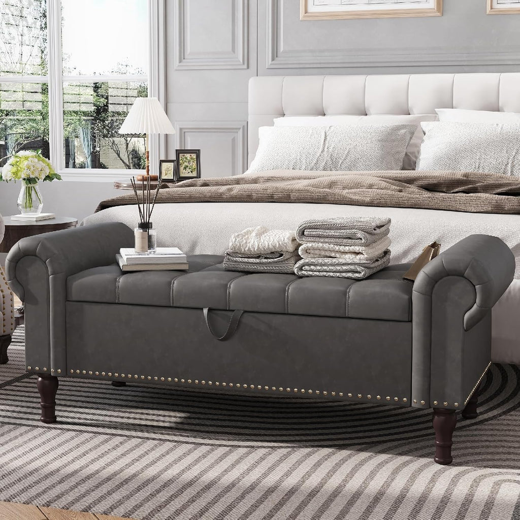 Faux Leather Armed Tufted Storage Bench